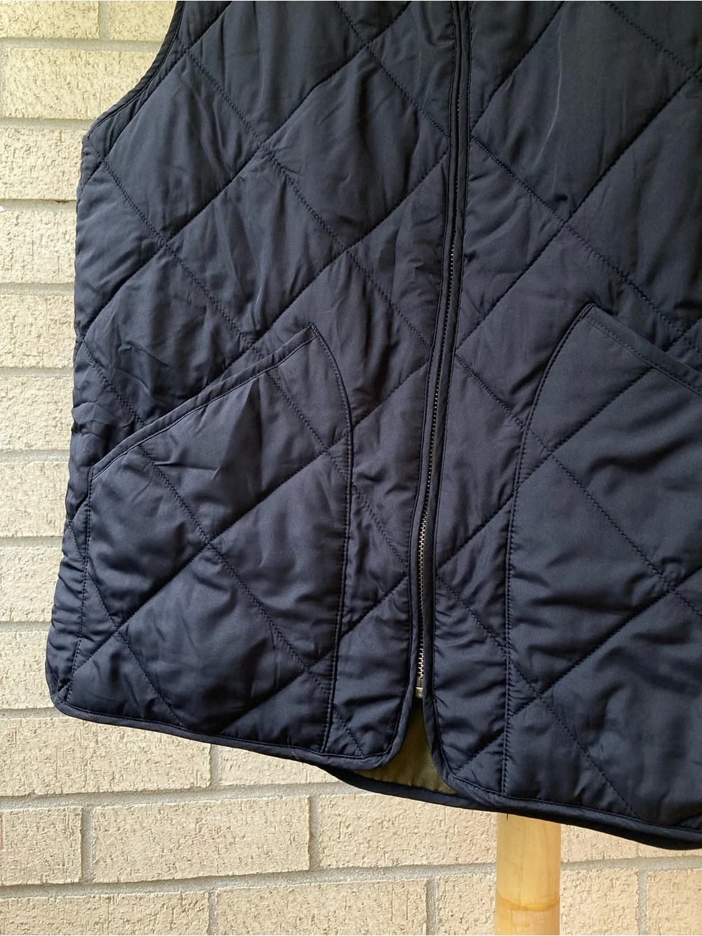 J. Crew Black Quilted Light Puffer Zip Up Vest Green Cotton Lining